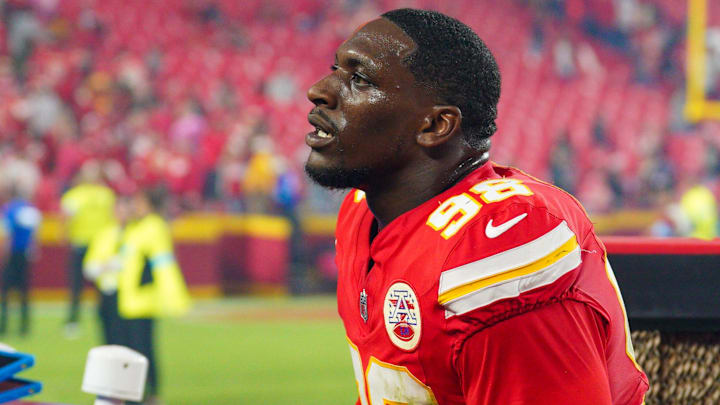 Oct 7, 2024; Kansas City, Missouri, USA; Kansas City Chiefs defensive tackle Tershawn Wharton (98) leaves the field after the game against the New Orleans Saints at GEHA Field at Arrowhead Stadium. Mandatory Credit: Denny Medley-Imagn Images