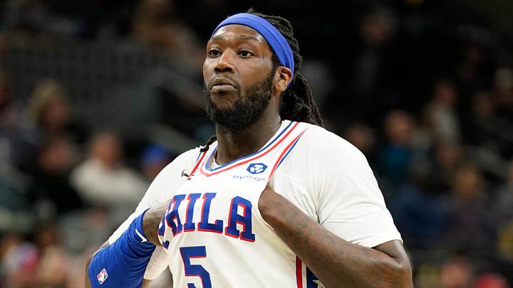 Feb 3, 2023; San Antonio, Texas, USA; Philadelphia 76ers center Montrezl Harrell (5) holds his uniform during the first half against the San Antonio Spurs at AT&T Center. Mandatory Credit: Scott Wachter-USA TODAY Sports Feb 3, 2023; San Antonio, Texas, USA; Philadelphia 76ers center Montrezl Harrell (5) holds his uniform during the first half against the San Antonio Spurs at AT&T Center. Mandatory Credit: Scott Wachter-USA TODAY Sports