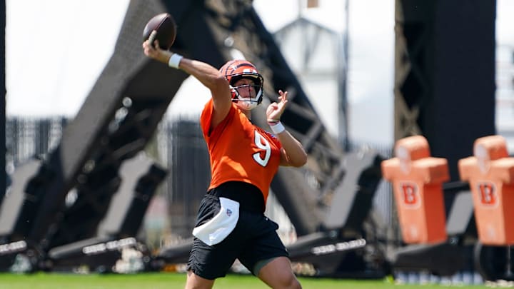 Cincinnati Bengals quarterback Joe Burrow (9) throws a pass during practice, Wednesday, June 11, 2025, at Kettering Health Practice Fields in Downtown Cincinnati.
