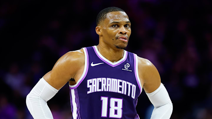 Dec 23, 2025; Sacramento, California, USA; Sacramento Kings guard Russell Westbrook (18) looks on during the second quarter against the Detroit Pistons at Golden 1 Center. Dec 23, 2025; Sacramento, California, USA; Sacramento Kings guard Russell Westbrook (18) looks on during the second quarter against the Detroit Pistons at Golden 1 Center.