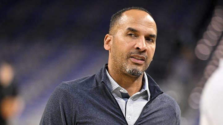 Oct 6, 2025; Fort Worth, Texas, USA; Dallas Mavericks general manager Nico Harrison looks on before the game against the Oklahoma City Thunder at Dickie's Arena. Mandatory Credit: Jerome Miron-Imagn Images