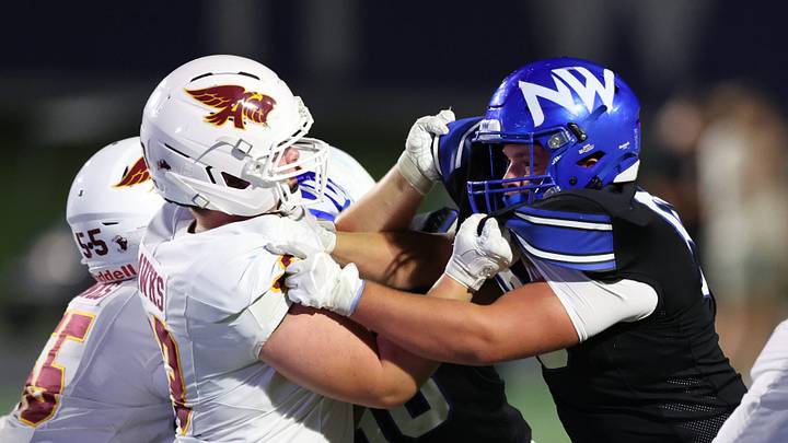 Aug 28, 2026; Waukee, Iowa, Polk; Ankeny Hawks Tanner Ruby (59) blocks Waukee Northwest Wolves Charlie Hemmer (98) at Waukee Northwest High School. Mandatory Credit: Reese Strickland-The Des Moines Register Aug 28, 2026; Waukee, Iowa, Polk; Ankeny Hawks Tanner Ruby (59) blocks Waukee Northwest Wolves Charlie Hemmer (98) at Waukee Northwest High School. Mandatory Credit: Reese Strickland-The Des Moines Register