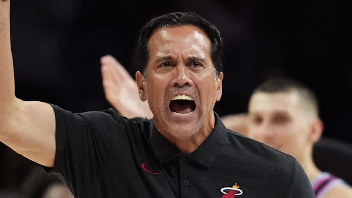 Miami Heat head coach Erik Spoelstra reacts (Mandatory Credit: Jim Rassol-Imagn Images)