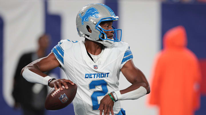 Detroit Lions quarterback Hendon Hooker (2) drops back to pass during the second half against the New York Giants Detroit Lions quarterback Hendon Hooker (2) drops back to pass during the second half against the New York Giants