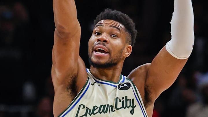 Jan 19, 2026; Atlanta, Georgia, USA; Milwaukee Bucks forward Giannis Antetokounmpo (34) points to teammates during the game against the Atlanta Hawks during the fourth quarter at State Farm Arena. Mandatory Credit: Jordan Godfree-Imagn Images