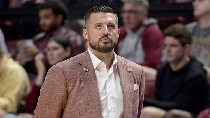 Dec 2, 2025; Tallahassee, Florida, USA; Florida State Seminoles head coach Luke Loucks during the first half of the game against the Georgia Bulldogs at Donald L. Tucker Center. Mandatory Credit: Melina Myers-Imagn Images