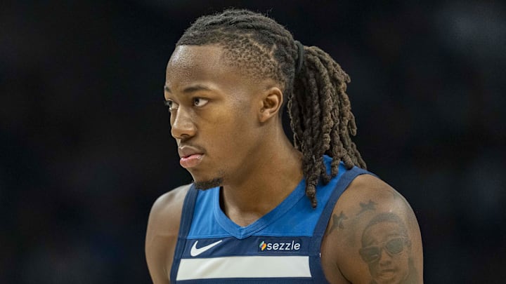 Feb 11, 2026; Minneapolis, Minnesota, USA; Minnesota Timberwolves guard Ayo Dosunmu (13) looks on against the Portland Trail Blazers in the first half at Target Center. Mandatory Credit: Jesse Johnson-Imagn Images