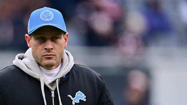 Dec 22, 2024; Chicago, Illinois, USA; Detroit Lions offensive coordinator Ben Johnson before a game against the Chicago Bears at Soldier Field. Mandatory Credit: Daniel Bartel-Imagn Images