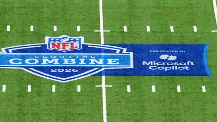 Feb 24, 2026; Indianapolis, IN, USA; The 2026 NFL Scouting Combine logo on the field at Lucas Oil Stadium. Mandatory Credit: Kirby Lee-Imagn Images Feb 24, 2026; Indianapolis, IN, USA; The 2026 NFL Scouting Combine logo on the field at Lucas Oil Stadium. Mandatory Credit: Kirby Lee-Imagn Images