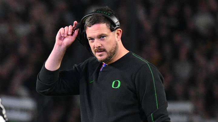 Oct 18, 2024; West Lafayette, Indiana, USA; Oregon Ducks head coach Dan Lanning stops to talk to a referee during the first quarter against the Purdue Boilermakers at Ross-Ade Stadium. Mandatory Credit: Marc Lebryk-Imagn Images Oct 18, 2024; West Lafayette, Indiana, USA; Oregon Ducks head coach Dan Lanning stops to talk to a referee during the first quarter against the Purdue Boilermakers at Ross-Ade Stadium. Mandatory Credit: Marc Lebryk-Imagn Images