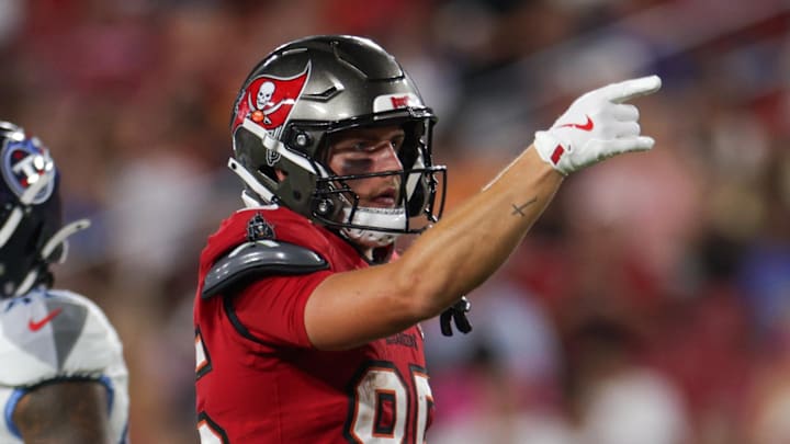 Aug 9, 2025; Tampa, Florida, USA; Tampa Bay Buccaneers wide receiver Garrett Greene (85) reacts after a first down against the Tampa Bay Buccaneers in the third quarter during a preseason game at Raymond James Stadium. Mandatory Credit: Nathan Ray Seebeck-Imagn Images