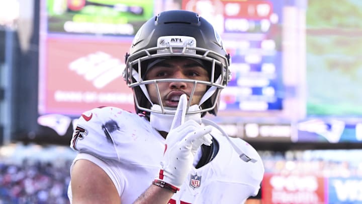 Nov 2, 2025; Foxborough, Massachusetts, USA; Atlanta Falcons wide receiver Drake London (5) celebrates his touchdown against the New England Patriots during the second quarter at Gillette Stadium. Mandatory Credit: Brian Fluharty-Imagn Images