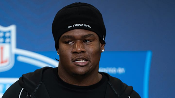 Kentucky offensive lineman Jalen Farmer speaks to members of the media