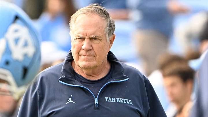 Oct 25, 2025; Chapel Hill, North Carolina, USA; North Carolina Tar Heels head coach Bill Belichick with the team before the game at Kenan Stadium. Mandatory Credit: Bob Donnan-Imagn Images