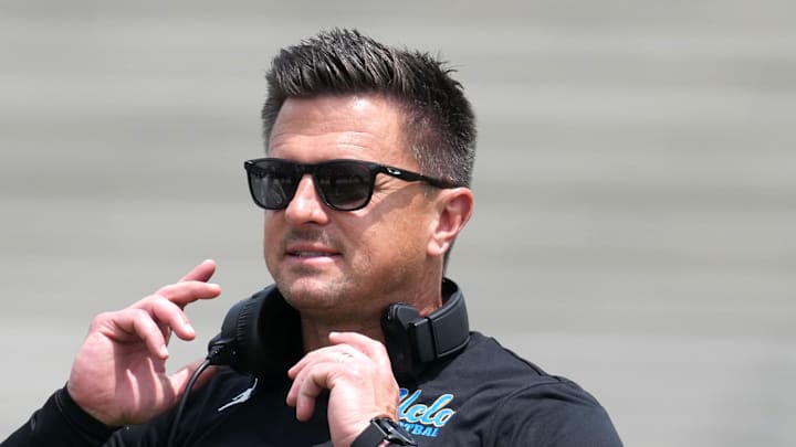 May 2, 2026; Pasadena, CA, USA; UCLA Bruins coach Bob Chesney reacts during the spring game at Rose Bowl. Mandatory Credit: Kirby Lee-Imagn Images