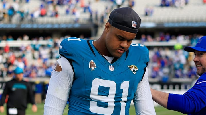 Jacksonville Jaguars defensive tackle Arik Armstead (91) walks off the field after the game of an NFL football AFC Wild Card playoff matchup, Sunday, Jan. 11, 2026, in Jacksonville, Fla. The Bills defeated the Jaguars 27-24. 