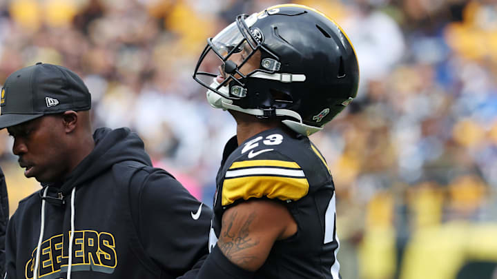 Nov 2, 2025; Pittsburgh, Pennsylvania, USA; Pittsburgh Steelers cornerback Darius Slay (23) reacts after an apparent injury during the first half against the Indianapolis Colts at Acrisure Stadium. Mandatory Credit: Charles LeClaire-Imagn Images