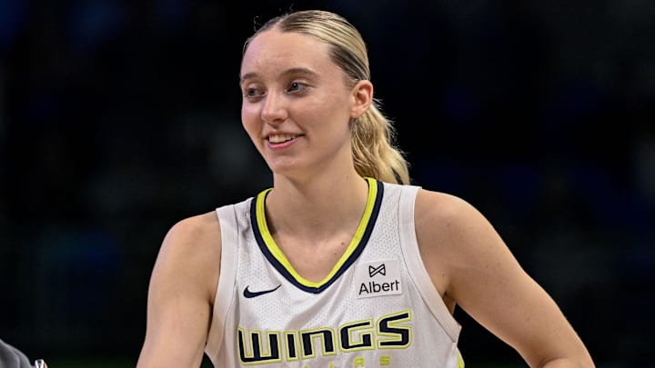 Jul 28, 2025; Arlington, Texas, USA; Dallas Wings guard Paige Bueckers (5) after the game between the Dallas Wings and the New York Liberty at College Park Center. Mandatory Credit: Jerome Miron-Imagn Images Jul 28, 2025; Arlington, Texas, USA; Dallas Wings guard Paige Bueckers (5) after the game between the Dallas Wings and the New York Liberty at College Park Center. Mandatory Credit: Jerome Miron-Imagn Images