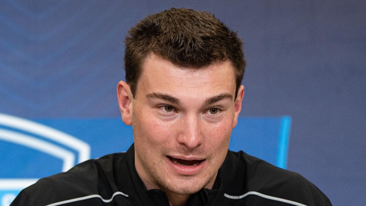Former Indiana quarterback Fernando Mendoza speaks to members of the media during the NFL Combine.
