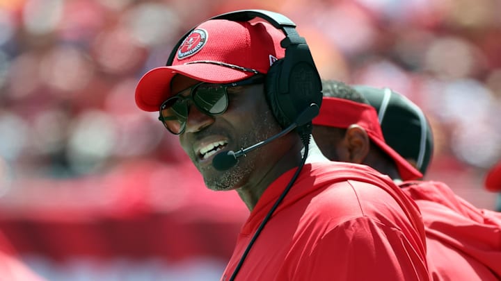 Sep 22, 2024; Tampa, Florida, USA; Tampa Bay Buccaneers head coach Todd Bowles looks on against the Denver Broncos during the first quarter at Raymond James Stadium. Mandatory Credit: Kim Klement Neitzel-Imagn Images