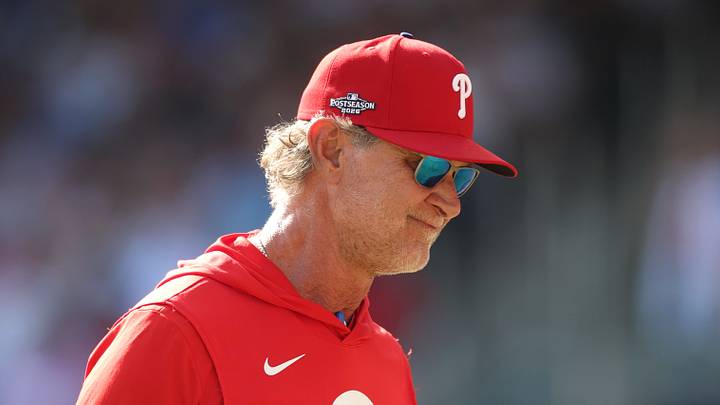 Sep 30, 2026; Cumberland, Georgia, USA;  Philadelphia Phillies interim manager Don Mattingly (8) returns to the dugout after a visit to the mound in the seventh inning during game two of the Wildcard round for the 2026 MLB Playoffs at Truist Park.  Mandatory Credit: Brett Davis-Imagn Images