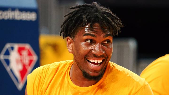 May 20, 2022; San Francisco, California, USA; Golden State Warriors center Kevon Looney (5) smiles during warm ups before game two of the 2022 western conference finals against the Dallas Mavericks at Chase Center. Mandatory Credit: Kelley L Cox-USA TODAY Sports May 20, 2022; San Francisco, California, USA; Golden State Warriors center Kevon Looney (5) smiles during warm ups before game two of the 2022 western conference finals against the Dallas Mavericks at Chase Center. Mandatory Credit: Kelley L Cox-USA TODAY Sports
