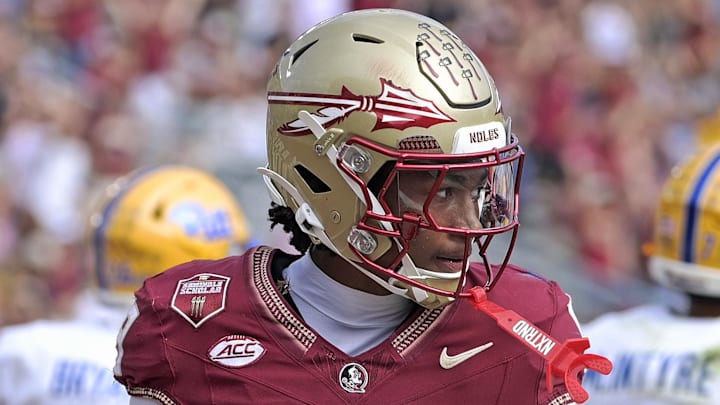 Oct 11, 2025; Tallahassee, Florida, USA; Florida State Seminoles wide receiver Micahi Danzy (19) after scoring a touchdown against the Pittsburgh Panthers in the fourth quarter at Doak S. Campbell Stadium. Mandatory Credit: Melina Myers-Imagn Images