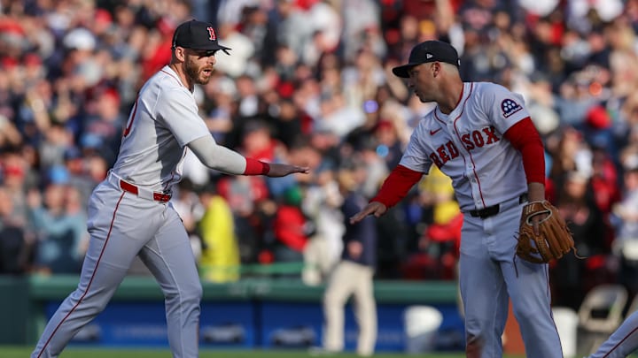 Apr 4, 2025; Boston, Massachusetts, USA; Boston Red Sox shortstop Trevor Story (10) celebrates with Boston Red Sox third baseman Alex Bregman (2) after defeating the St. Louis Cardinals at Fenway Park. Mandatory Credit: Paul Rutherford-Imagn Images Apr 4, 2025; Boston, Massachusetts, USA; Boston Red Sox shortstop Trevor Story (10) celebrates with Boston Red Sox third baseman Alex Bregman (2) after defeating the St. Louis Cardinals at Fenway Park. Mandatory Credit: Paul Rutherford-Imagn Images