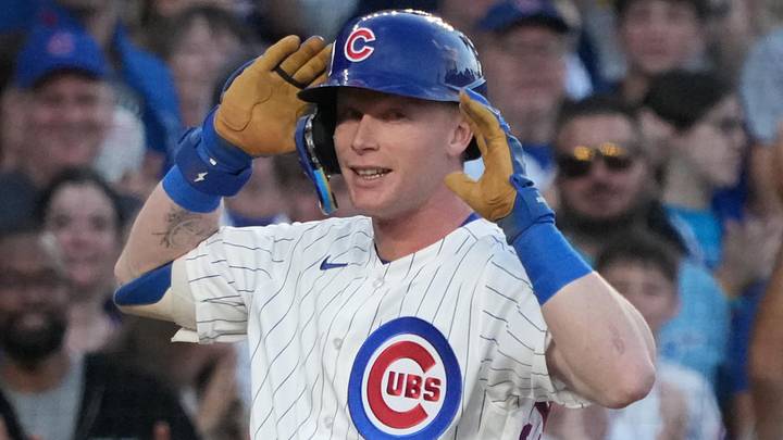 Jun 15, 2026; Chicago, Illinois, USA; Chicago Cubs center fielder Pete Crow-Armstrong (4) gestures after hitting a triple against the Colorado Rockies during the third inning at Wrigley Field. Mandatory Credit: David Banks-Imagn Images