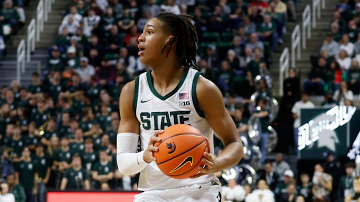 Michigan State Spartans forward Jordan Scott looks to pass during a game against the Detroit Mercy Titans at the Breslin Center on Friday, Nov. 21, 2025. Michigan State Spartans forward Jordan Scott looks to pass during a game against the Detroit Mercy Titans at the Breslin Center on Friday, Nov. 21, 2025.