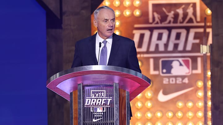 Jul 14, 2024; Ft. Worth, TX, USA; MLB Commissioner Rob Manfred during the first round of the MLB Draft at Cowtown Coliseum. Mandatory Credit: Kevin Jairaj-Imagn Images Jul 14, 2024; Ft. Worth, TX, USA; MLB Commissioner Rob Manfred during the first round of the MLB Draft at Cowtown Coliseum. Mandatory Credit: Kevin Jairaj-Imagn Images