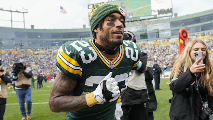 Oct 13, 2024; Green Bay, Wisconsin, USA;  Green Bay Packers cornerback Jaire Alexander (23) following the game against the Arizona Cardinals at Lambeau Field. Mandatory Credit: Jeff Hanisch-Imagn Images