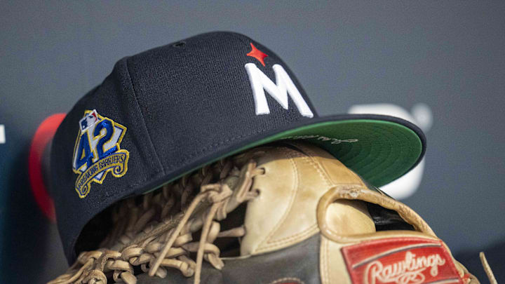 Apr 15, 2025; Minneapolis, Minnesota, USA; A general view of a Minnesota Twins hat with a Jackie Robinson logo stitched on the side of it against the New York Mets in the fourth inning at Target Field. All players wore #42 for Jackie Robinson Day Mandatory Credit: Jesse Johnson-Imagn Images Apr 15, 2025; Minneapolis, Minnesota, USA; A general view of a Minnesota Twins hat with a Jackie Robinson logo stitched on the side of it against the New York Mets in the fourth inning at Target Field. All players wore #42 for Jackie Robinson Day Mandatory Credit: Jesse Johnson-Imagn Images