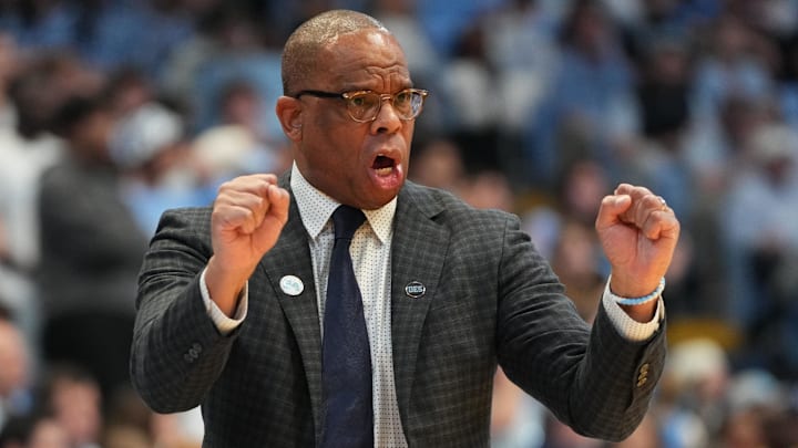 Feb 14, 2026; Chapel Hill, North Carolina, USA; North Carolina Tar Heels head coach Hubert Davis reacts in the first half at Dean E. Smith Center. Mandatory Credit: Bob Donnan-Imagn Images