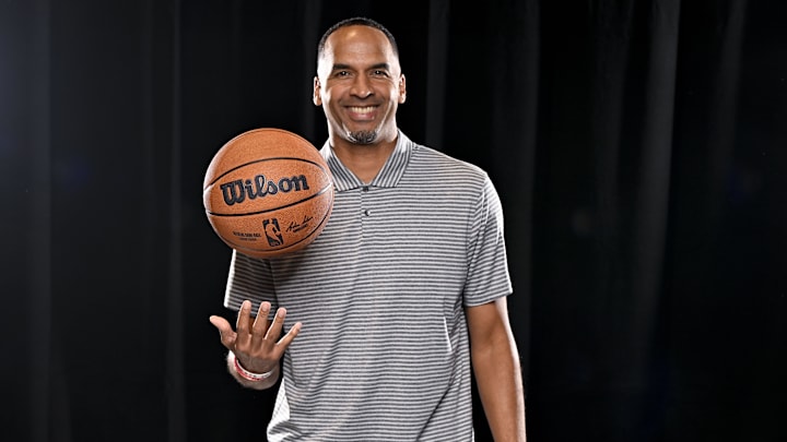 Sep 30, 2024; Dallas, TX, USA; Dallas Mavericks general manager Nico Harrison poses for a photo during the 2024 Dallas Mavericks media day. Mandatory Credit: Jerome Miron-Imagn Images