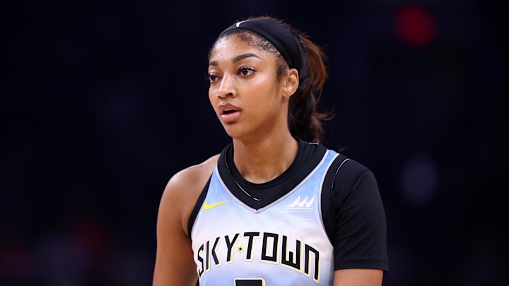 Aug 28, 2025; Phoenix, Arizona, USA; Chicago Sky forward Angel Reese (5) against the Phoenix Mercury at Phx Arena. Mandatory Credit: Mark J. Rebilas-Imagn Images