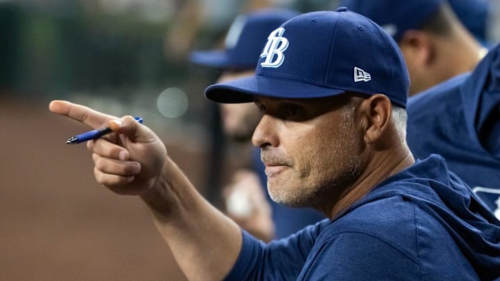 Tampa Bay Rays manager Kevin Cash reacts against the Arizona Diamondbacks at Chase Field. Tampa Bay Rays manager Kevin Cash reacts against the Arizona Diamondbacks at Chase Field.