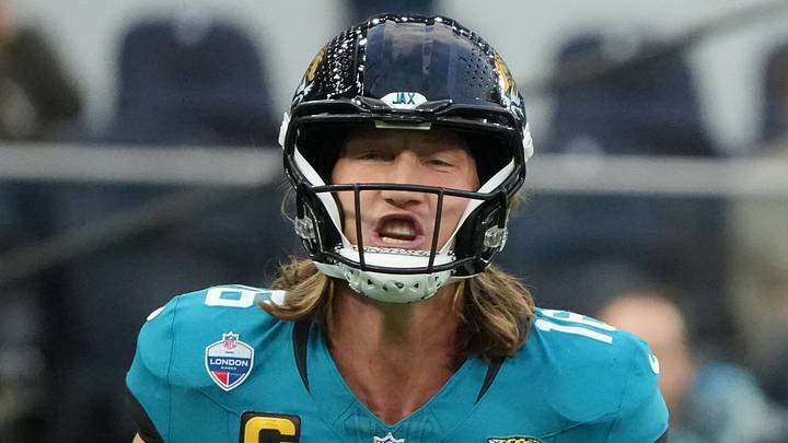 Oct 11, 2026; Tottenham, ENG;  Jacksonville Jaguars quarterback Trevor Lawrence (16) reacts after a penalty during the second half against the Philadelphia Eagles at Tottenham Hotspur Stadium. 