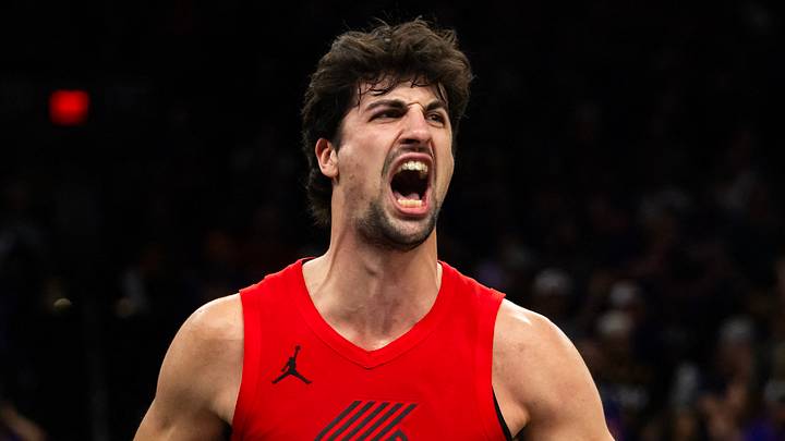 Apr 14, 2026; Phoenix, Arizona, USA; Portland Trail Blazers forward Deni Avdija (8) celebrates against the Phoenix Suns in the second half during the play-in rounds of the 2026 NBA Playoffs at Mortgage Matchup Center. Mandatory Credit: Mark J. Rebilas-Imagn Images