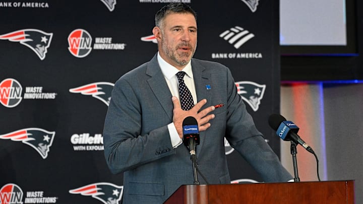 Jan 13, 2025; Foxborough, MA, USA; Mike Vrabel addresses media at a press conference to announce his hiring as the head coach of the New England Patriots at Gillette Stadium. Mandatory Credit: Eric Canha-Imagn Images