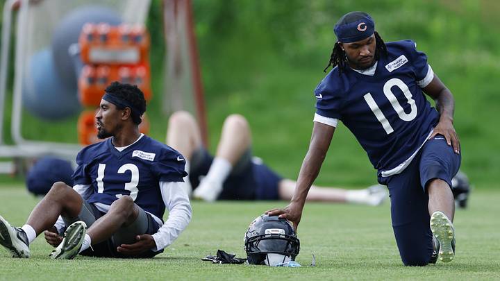 Jun 11, 2026; Lake Forest, IL, USA; Chicago Bears wide receivers Luther Burden III (10) and Maurice Alexander (13) stretch during Minicamp at Halas Hall. Mandatory Credit: Kamil Krzaczynski-Imagn Images