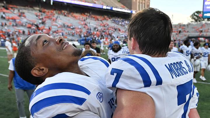 Sep 12, 2026; Champaign, Illinois, USA; Duke Blue Devils defensive end Tyshon Reed Jr. (10) and linebacker Nick Morris Jr. (7) celebrate a 31-27 win over the Illinois Fighting Illini at Gies Memorial Stadium. Mandatory Credit: Ron Johnson-Imagn Images Sep 12, 2026; Champaign, Illinois, USA; Duke Blue Devils defensive end Tyshon Reed Jr. (10) and linebacker Nick Morris Jr. (7) celebrate a 31-27 win over the Illinois Fighting Illini at Gies Memorial Stadium. Mandatory Credit: Ron Johnson-Imagn Images