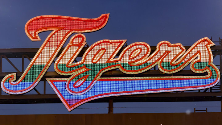 Jun 1, 2022; Detroit, Michigan, USA; The scoreboard displays the Tigers logo in rainbow colors for pride month during the game between the Detroit Tigers and the Minnesota Twins at Comerica Park.