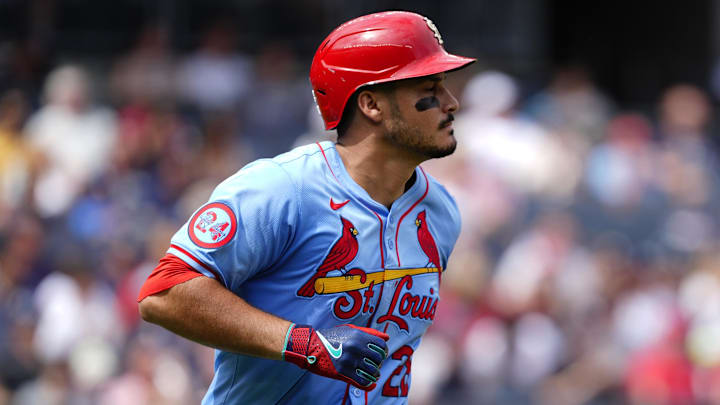 Aug 31, 2024; Bronx, New York, USA; St. Louis Cardinals third baseman Nolan Arenado (28) runs out a single against the New York Yankees during the third inning at Yankee Stadium Aug 31, 2024; Bronx, New York, USA; St. Louis Cardinals third baseman Nolan Arenado (28) runs out a single against the New York Yankees during the third inning at Yankee Stadium