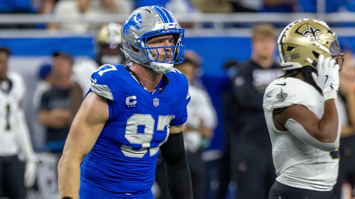 Detroit Lions defensive end Aidan Hutchinson (97) reacts after a sack of New Orleans Saints QB Tyler Shough (6) Detroit Lions defensive end Aidan Hutchinson (97) reacts after a sack of New Orleans Saints QB Tyler Shough (6)