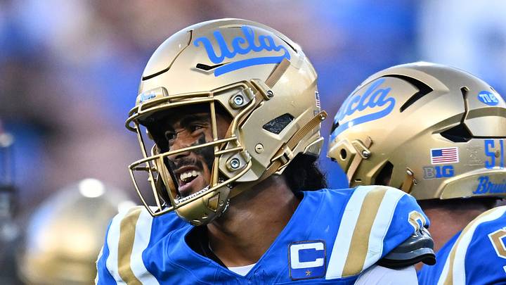 Sep 12, 2026; Pasadena, California, USA; UCLA quarterback Nico Iamaleava (9) reacts after being taken down by San Diego State linebacker Cameron Cooper (42) during the second half at the Rose Bowl. Mandatory Credit: William Liang-Imagn Images Sep 12, 2026; Pasadena, California, USA; UCLA quarterback Nico Iamaleava (9) reacts after being taken down by San Diego State linebacker Cameron Cooper (42) during the second half at the Rose Bowl. Mandatory Credit: William Liang-Imagn Images