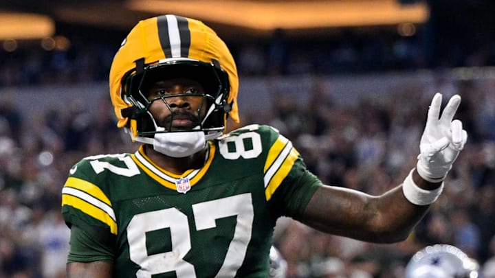 Sep 28, 2025; Arlington, Texas, USA; Green Bay Packers wide receiver Romeo Doubs (87) celebrates in the end zone after he catches a pass for a touchdown during the game between the Dallas Cowboys and the Green Bay Packers at AT&T Stadium. Mandatory Credit: Jerome Miron-Imagn Images Sep 28, 2025; Arlington, Texas, USA; Green Bay Packers wide receiver Romeo Doubs (87) celebrates in the end zone after he catches a pass for a touchdown during the game between the Dallas Cowboys and the Green Bay Packers at AT&T Stadium. Mandatory Credit: Jerome Miron-Imagn Images