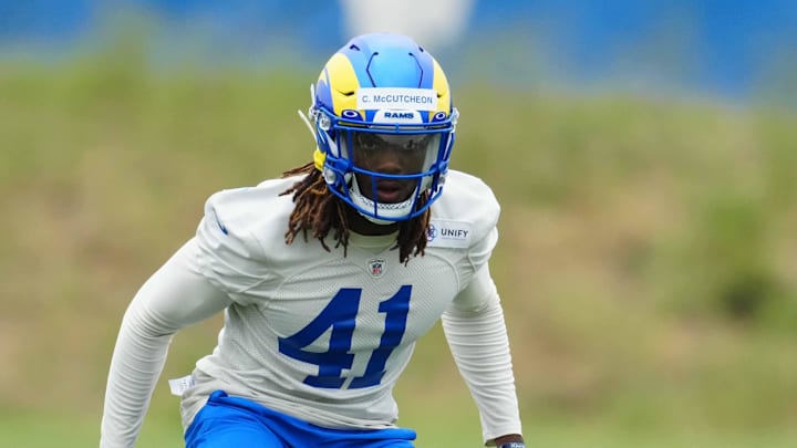May 23, 2023, Thousand Oaks, CA, USA; Los Angeles Rams cornerback Cameron McCutcheon (41) during organized team activities at Cal Lutheran. Mandatory Credit: Kirby Lee-Imagn Images May 23, 2023, Thousand Oaks, CA, USA; Los Angeles Rams cornerback Cameron McCutcheon (41) during organized team activities at Cal Lutheran. Mandatory Credit: Kirby Lee-Imagn Images