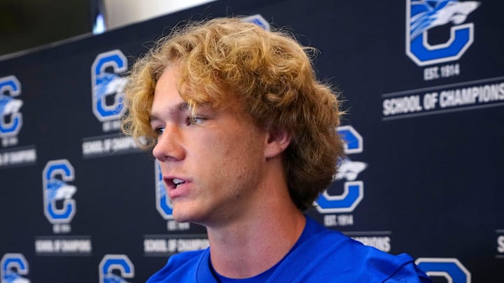 Chandler quarterback Will Mencl (7) talks to the media during the Chandler Unified School District football Media Day in Chandler, on July 29, 2025.
