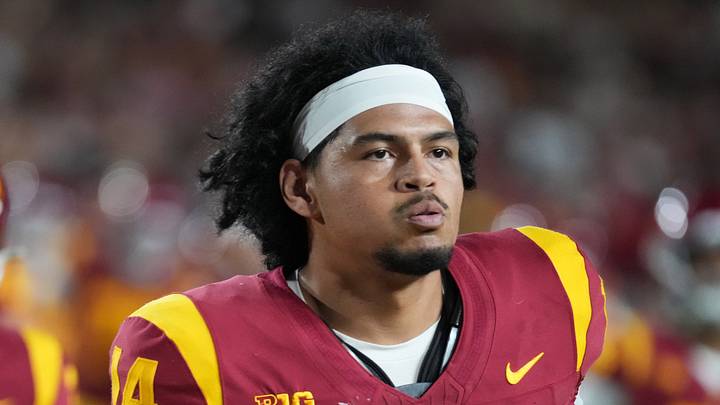 Sep 4, 2026; Los Angeles, California, USA; Southern California Trojans quarterback Jayden Maiava (14) leaves the field after the first half against the Fresno State Bulldogs at United Airlines Field at Los Angeles Memorial Coliseum. Sep 4, 2026; Los Angeles, California, USA; Southern California Trojans quarterback Jayden Maiava (14) leaves the field after the first half against the Fresno State Bulldogs at United Airlines Field at Los Angeles Memorial Coliseum.